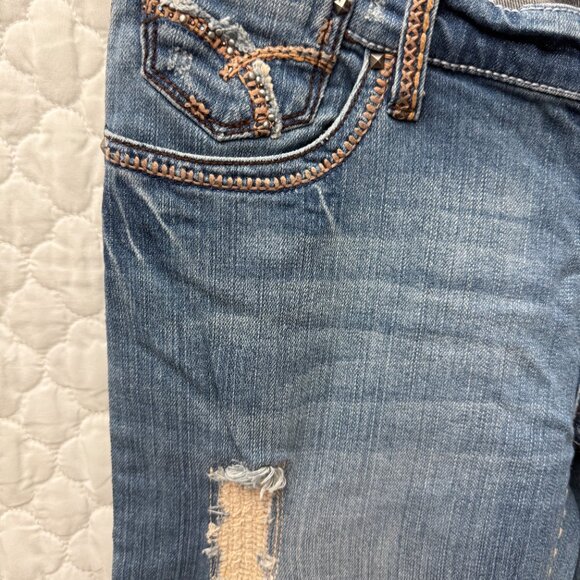 Petrol Distressed Denim Jeans 29x34 bootcut flare Low Rise Size 8 - Picture 4 of 16